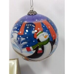 Pier 1 Li Bien 2014 Penguins Ice Skating Hand Painted Glass Ornament Boxed